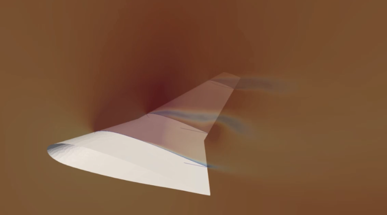 CFD simulation showing Mach number contours and shock wave formation over a transonic airplane wing