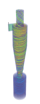 CFD simulation of a cyclone separator showing discrete phase particle tracks and separation efficiency