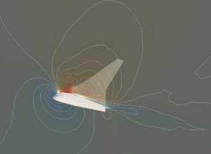 CFD simulation showing Mach number contours and shock wave formation over a transonic airplane wing