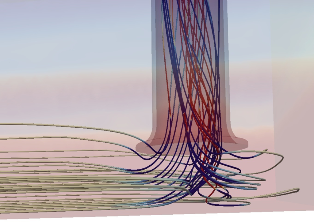 CFD simulation using VOF showing streamlines of an intake vortex forming at a pump sump