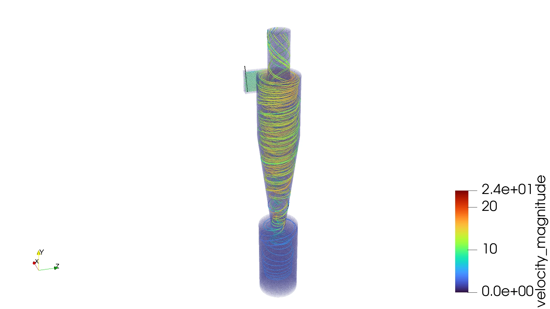 3D fluid streamlines visualizing the swirling vortex flow field inside a cyclone separator using CFD