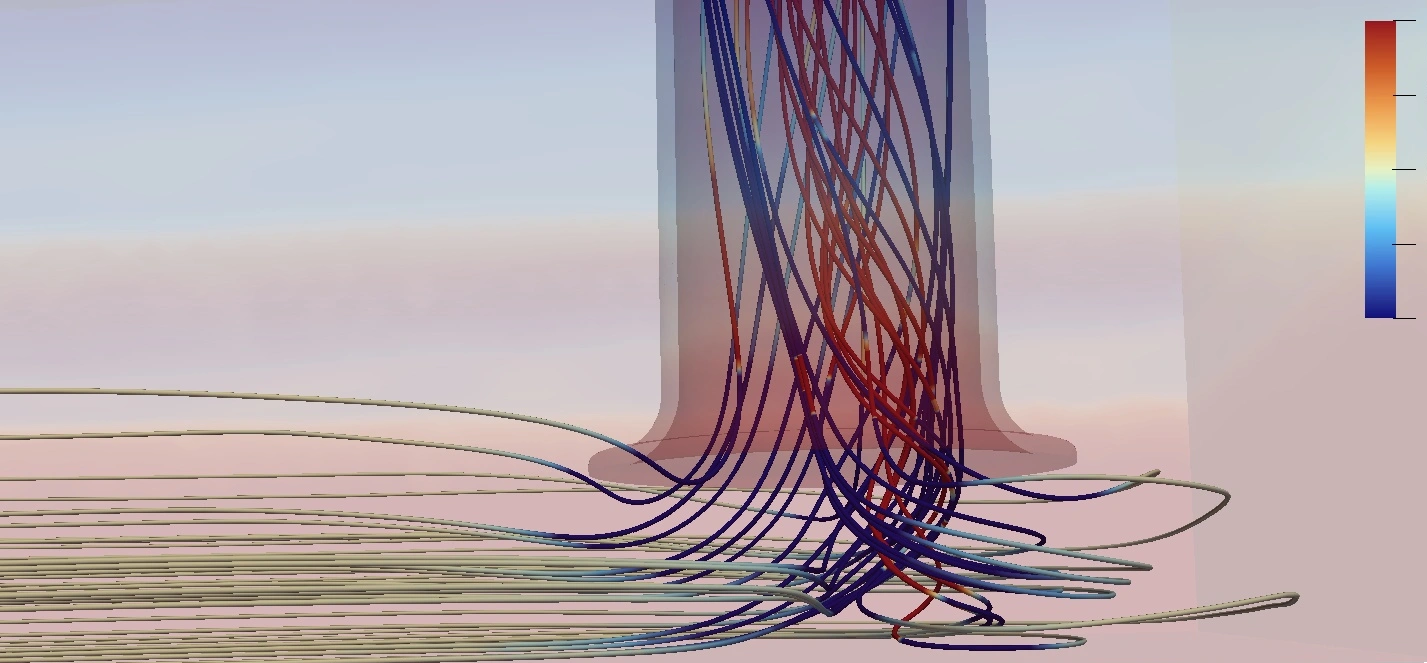CFD simulation using VOF showing streamlines of an intake vortex forming at a pump sump